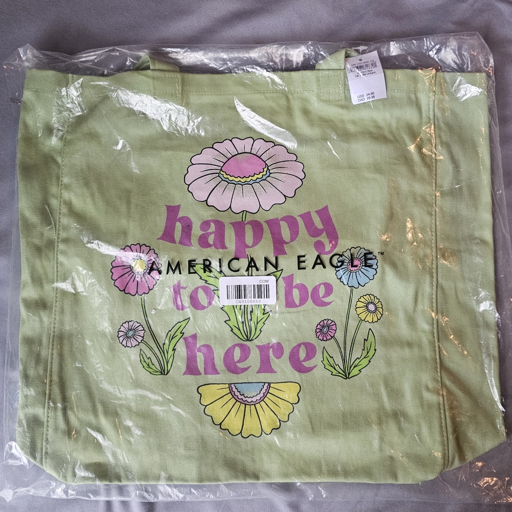 American Eagle Outfitters Green Tote Bag with Floral Design